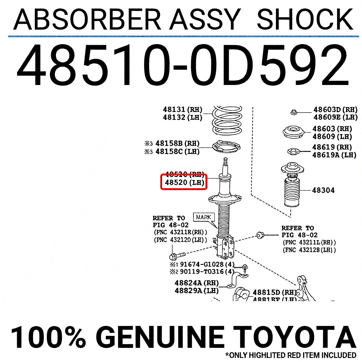 Genuine OEM FR RH Shock Absorber Assembly 48510-0D592 Fit 2013-2016 Toyota Yaris